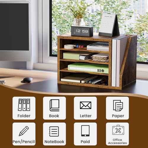 File Organizer Desktop, Wood Desk Organizer with 3 Adjustable Shelves, Mail Paper Sorter for Office, Home, File Holders for Envelopes, Mail Supplies or Magazines, Rustic Brown