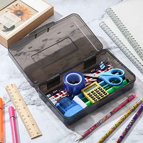 Leelosp 12 Pack Clear Pencil Boxes for School Bulk Plastic Pencil Case with Lid Hard Large Crayon Storage Box Stackable Classroom Stationery Organizer School Supplies for Adult(Gray)
