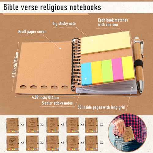 Kosiz 40 Pcs/20 Set Christian Gifts Bulk Notebook Bible Verse Pen Religious Spiral Notebook with Sticky Notes Christmas Appreciation Gifts for Church Pastor Clergy Sunday Shool Teacher (Kraft)