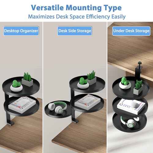 Swivel Clamp On Desk Shelf with 9.8in Adjustable Metal Storage Tray Above or Under Desk Storage 3-Tier Desk Extension Shelving Unit No Drilling Desktop Shelves for Max Desktop Thickness 2.7in