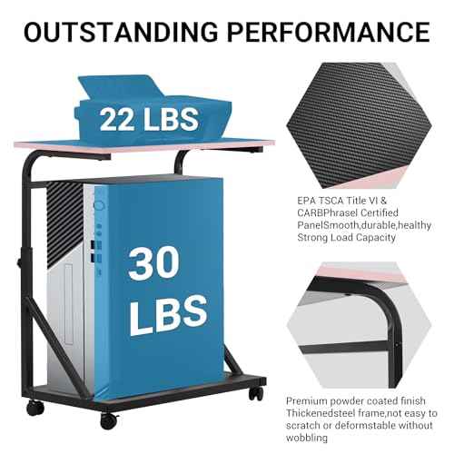 Ergonomic Height Adjustable Computer Tower Stand, 2-Tier CPU Holder Cart Under Desk, PC Floor Stand for Office Gaming Black and Pink