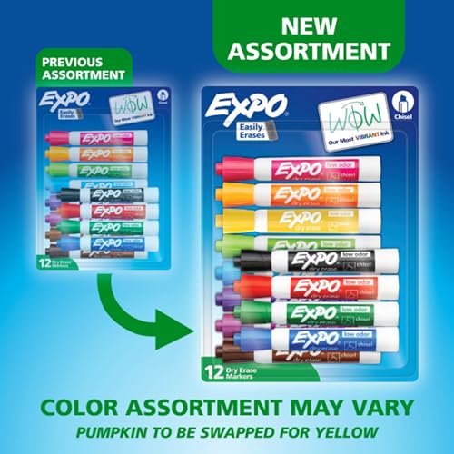 EXPO 12 Pack Assorted Dry Erase Markers with Low Odor Ink & Chisel Tips