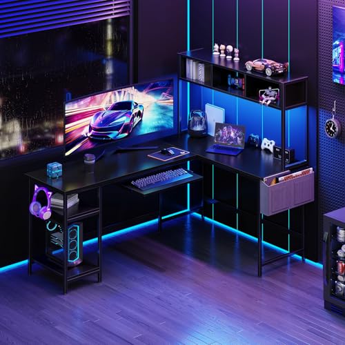 DUMOS 67" L-Shaped Gaming Desk with Reversible Layout and LED Lighting