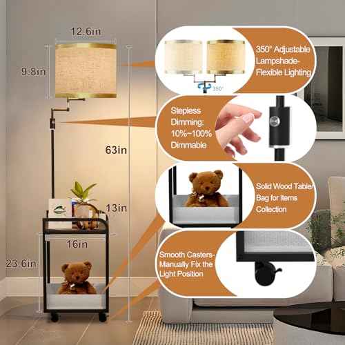 Lightdot 63IN Floor Lamps with Storage Table&Basket, Modern Standing Tall Lamps with Adjustable Fabric Lampshade and Movable&Fixed Casters, Coner End Table Lamp for Living Room/Bedroom/Office-Black