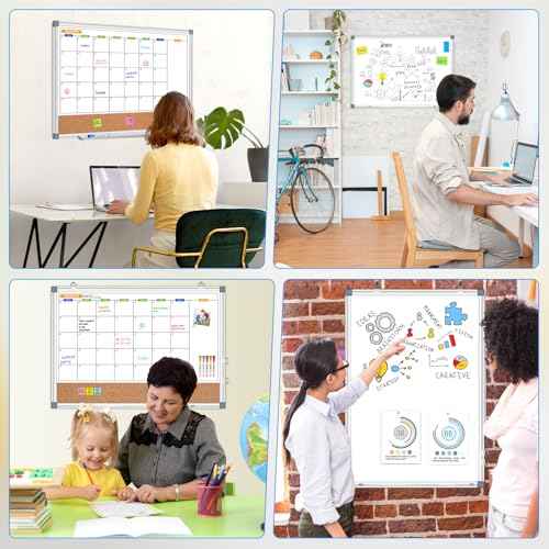 Calendar Whiteboard Corkboard Combination for Wall, Double-Sided 24" x 18" Monthly Whiteboard Calendar and Dry Erase Board for Office, Kitchen, Planning, Memo, School, Home