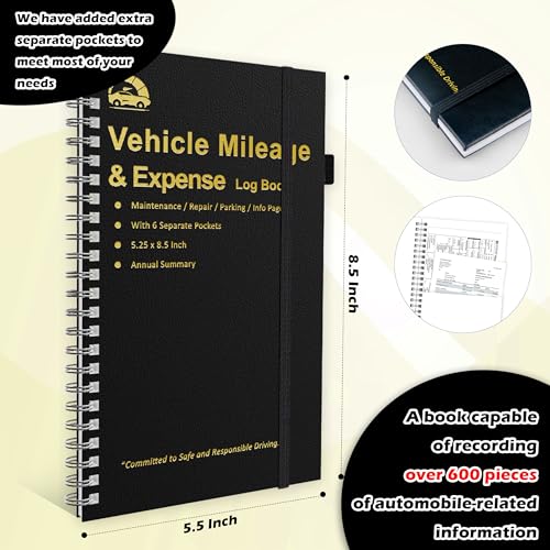 GLDTPOZK 1 Pcs Auto Mileage & Expense Logbook with 6 Pockets, 600+ Entries, PU Leather, 5.25 x 8.5 inches, Black