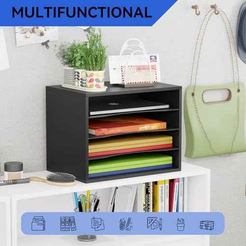 Wood Desktop Letter Tray File Organizer, Paper Storage Mail Sorter with 3 Adjustable Drawer Boards for Home and Office, Black