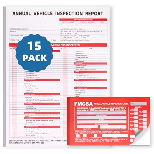 DOT Compliant 15-Pack Vehicle Inspection Report Forms with 3-Ply Carbonless, Hardboard Backing + 15 Red FMCSA Stickers