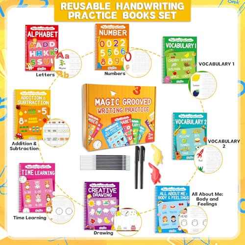 8 Pieces Magic Grooved Writing Practice Books Disappearing Ink Pens Reusable Groove Workbooks Tracing Handwriting Practice Without Tears for Kids Kindergarten Preschool Supplies,10.2 x 7.3inch