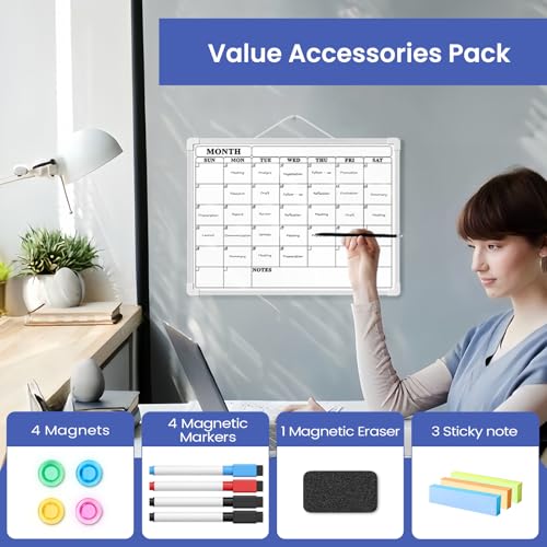 Lumspax White Wall Calendar 16x12 inches with Sticky Notes - Small Dry Erase Board for Kitchen & Office, Double-Sided, Plastic Frame, Variation: White 12"W x 16"H