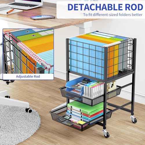 TOOLF 3-Tier Rolling File Cart, Metal Storage Drawer Cart with 2 Sliding File Trays, Adjustable Rod for Hanging Various File Sizes, File Organizer Cabinet on Wheels, for Office, Home, Classroom, Black