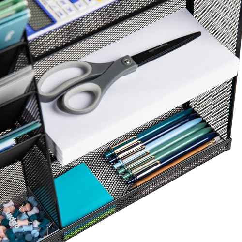 Mind Reader 4-Tier Vertical File Storage and Shelves, Desktop Organizer, Wall Mount, Office, Metal Mesh, 22.5" L x 4" W x 16" H, Black
