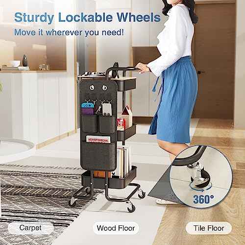 DTK 3 Tier Metal Utility Rolling Cart with Table Top and Side Bags, Tray Storage Organizer Wheels, Art Craft 4 Hooks for Kitchen Bathroom Office Living Room (Black)