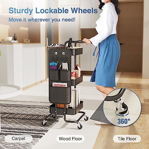 DTK Black 3-Tier Metal Utility Rolling Cart with Tabletop & Side Bags