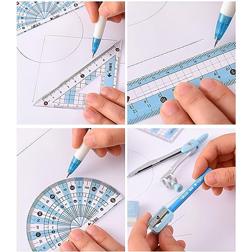 8-Piece Student Geometry Set with Shatterproof Iron Box - Ruler, Protractor, Compass, Eraser, Sharpener