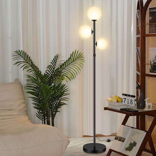 67" Mid Century Floor Lamps for Living Room, 3 Globe Floor Lamp with Frosted Glass Shades, Adjustable Height Standing Lamp with Foot Switch, Tall Lamps for Bedroom Office, G9 Bulbs Included, Black