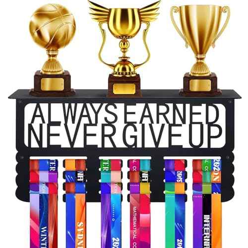 Upgraded Medal Display with Trophy Shelf & Ribbon Holder - Wall Mount Sports Medal Hanger with Motivational Words for Basketball, Gymnastics, Softball, Soccer, Swimming Awards
