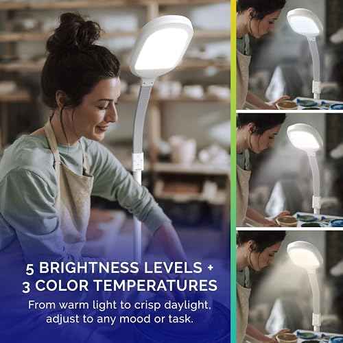 Verilux SmartLight Full Spectrum LED Modern Floor Lamp with Adjustable Brightness, Flexible Gooseneck and Easy Controls - Reduces Eye Strain and Fatigue - Ideal for Reading, Artists, Craft (White)