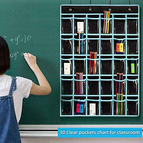 KEEPJOY Classroom Pocket Chart Organizer,Cell Phones Calculator Holder for Classroom Storage, Hanging Wall Door Calculator Phone Caddy for Classroom. (30 Pockets-Black)