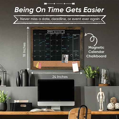Loddie Doddie Chalk Board Calendar for Wall & Bulletin Combo - 18 x 24-Inch Rustic Frame - Writable Chalk Calendar Surface, Magnets & Push Pins - Menu Board for Kitchen