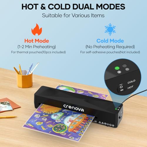 Crenova Laminator Machine with 10 Laminating Sheets, A4 Laminating Machine Hot & Cold with Fast Warm Technology, Thermal Laminator 9 Inch for Home Office School Business Black