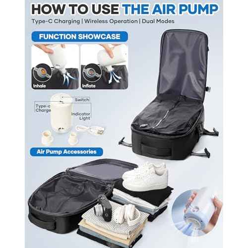 Vacuum Seal Backpack for Clothing Travel with Air Pump Waterproof Laptop Carry On Backpack Personal item Travel Essentials Compression Space Saver Bags Storage with Vacuum System Women Black