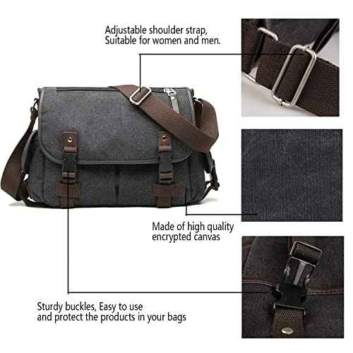 [Upgraded] Vintage Canvas Messenger Bag 13 15.6 17 inches Large Book Laptop Shoulder Bag Women Men New (Black, Medium)