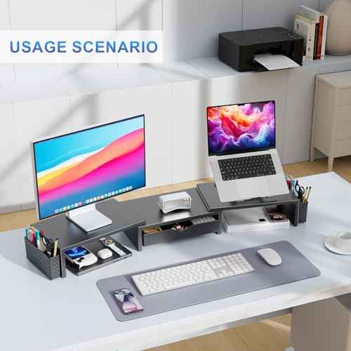 gianotter Dual Monitor Stand Riser, Desk Organizer With Drawer and 2 Pen Holders, Computer Monitor Stand, Shelf for Top of Desk, Black
