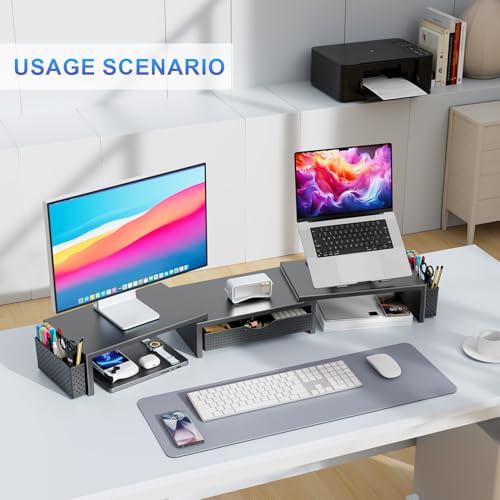 Gianotter Black Dual Monitor Stand Riser with Drawer & Pen Holders - Ergonomic Desk Organizer