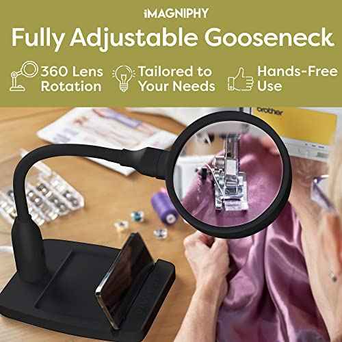 8X Desk Magnifying Light - Magnifying Glass for Reading and Crafts with 6 LEDs (No Glare, No Flickering) - Magnifying Lamp with Light and Stand, 2 Brightness Settings - Ideal for Seniors