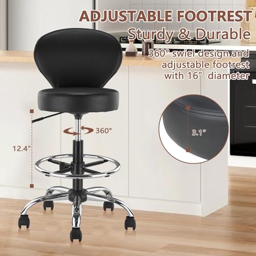 KLASIKA Black PVC Faux Leather Drafting Chair Rolling Stool 36in Adjustable Back/Foot Rest