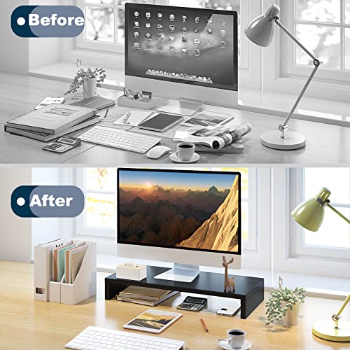 TEAMIX Black 20 Inch Wooden Monitor Stand Riser for Desk, Ergonomic Computer Organizer
