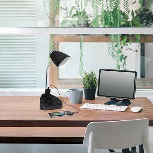 Simple Designs LD1057-BLK-LB 18.5" Gooseneck Organizer Desk Lamp with iPad Tablet Stand Book Holder and Charging Outlet, with LED Bulb, Black