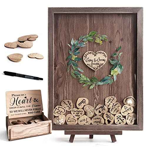 Y&K Homish Wedding Guest Book, Guest Book Alternative Favors with 80 Hearts & Green Wreath, Wedding Decorations for Reception(Rustic Brown)