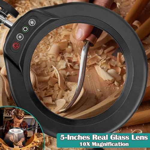 10X Magnifying Glass with Light and Clamp, 5-Inch Real Glass Lens, LED Lighted Magnifier Hands Free with Swivel Arm, 5 Color Modes Brightness Steepless Dimmable, Stand Desk Lamp for Close Work, Craft
