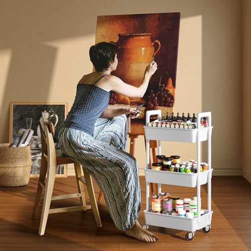 Pipishell White 3-Tier Rolling Storage Cart with Handle & Wheels