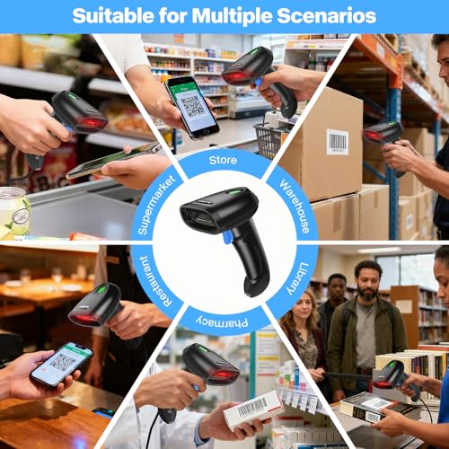Blue Bluetooth & 2D Barcode Scanner - 3-in-1 Wireless & USB Handheld