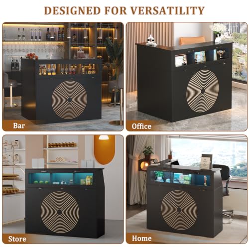 HIMcup Black Reception Desk with Outlet, LED Lights & Glass Display – L-Shaped Corner Counter