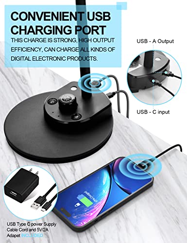 BOHON Matt Black LED Desk Lamp with USB Charging, 3 Color Modes, Dimmable