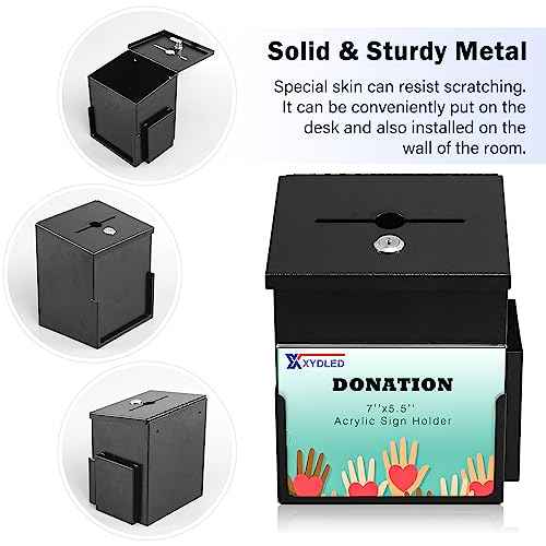 xydled Suggestion Box with Key Lock Acrylic Sign Holder, Metal Donation Ballot Drop Box with Slot Tip Jar for Office, Fundraising, Church, School,8.9''x7.1''x6.3'', Black