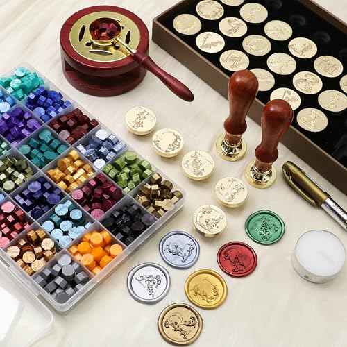 SWANGSA Letter Wax Seal Kit, 26pcs 3D Floral Initial A-Z Stamp with 624pcs Sealing Wax Beads, Furnace and Pen for Wedding Invitations Cards & Envelope