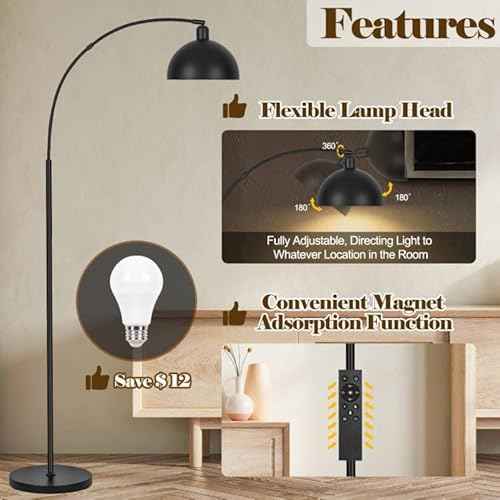 ¡¼Upgraded¡½Black Arc Floor Lamps for Living Room - Dimmable Arched Floor Lamp with Remote Control & 2700-6000K 9W LED Bulb Included, Modern Arch Standing lamp, Industrial Tall Lamp for Bedroom Reading