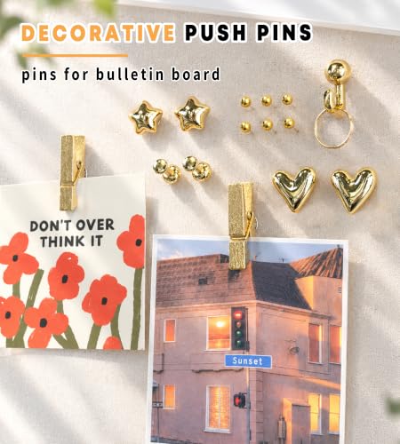 KEYDUACU Gold Push Pins Set, 150 Pcs with Storage Box - Heart, Star, Hook, Clip, Round & More