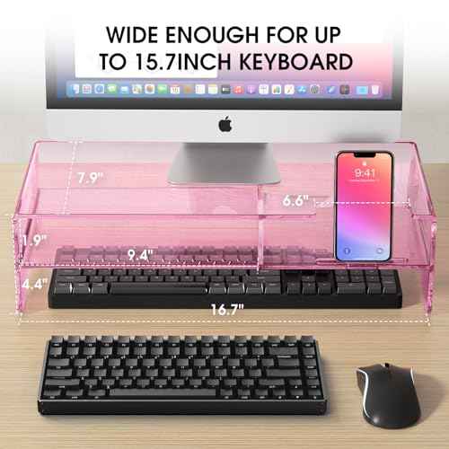 Pink Acrylic Monitor Stand Riser, 2-Tier computer stand with Storage, clear monitor stand for desk Suitable for laptops, printers, TV£¬desk organization With phone holder