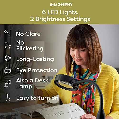 8X Desk Magnifying Light - Magnifying Glass for Reading and Crafts with 6 LEDs (No Glare, No Flickering) - Magnifying Lamp with Light and Stand, 2 Brightness Settings - Ideal for Seniors