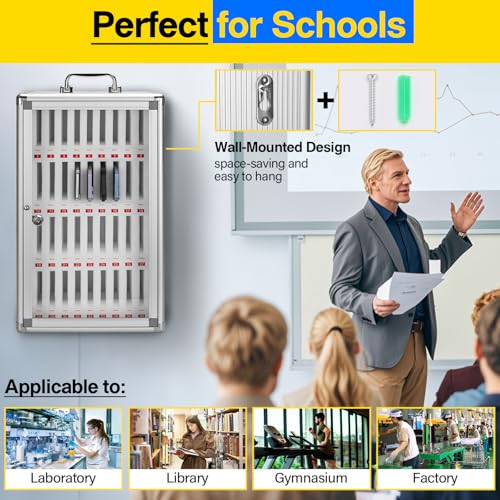 36-Slot Cell Phone Locker with Lock & Key, Heavy Duty Aluminum & Acrylic Cell Phone Storage for Classroom, Office, Retail ? Wall Mount Secure Cell Phone Holder, Lock Box, Phone Jail (Silver)