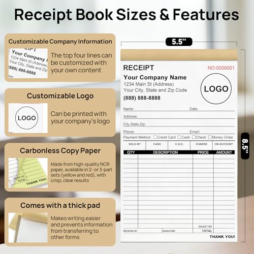 Custom Receipt Book with Carbon Copies, 5.5 x 8.5 in - 100 Sets (2 Books x 50) VJY
