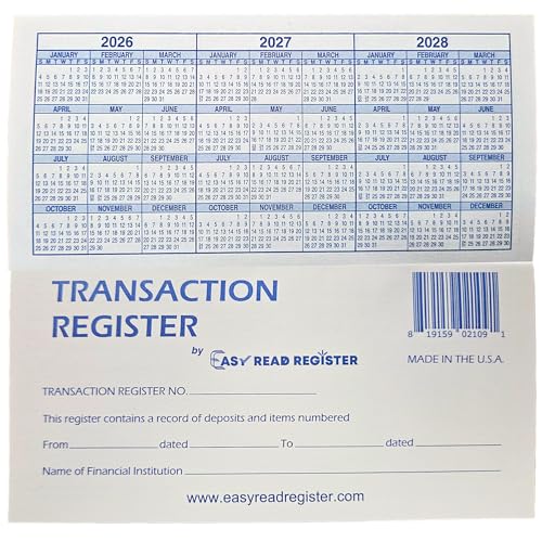 Easy Read Checkbook Registers 6x3 in, 444 Lines, 2026-2028 Calendars, Made in USA