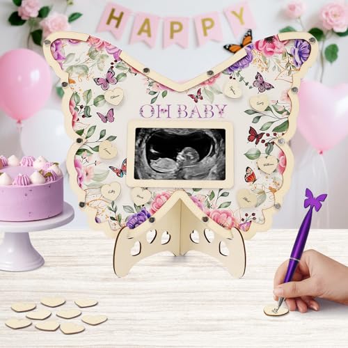 Butterfly Baby Shower Guest Book Set with Frame, 60 Wooden Hearts, Pen – Purple Butterfly (Threelf)