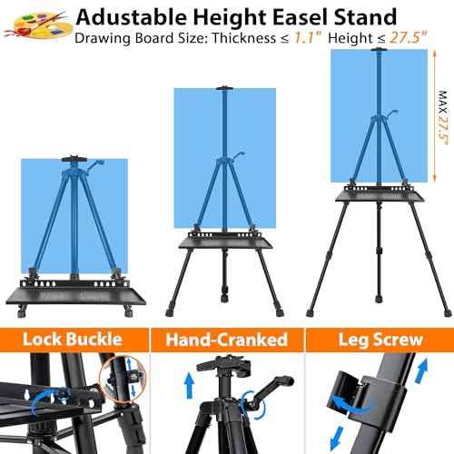 Easel Stand for Painting Artist Easel Stand Adjustable Height 20" to 61" Metal Tripod Art Easels Stand for Painting Canvases Tabletop Floor Art Easel Stand with Tray, Bag, Folding Keg, Black